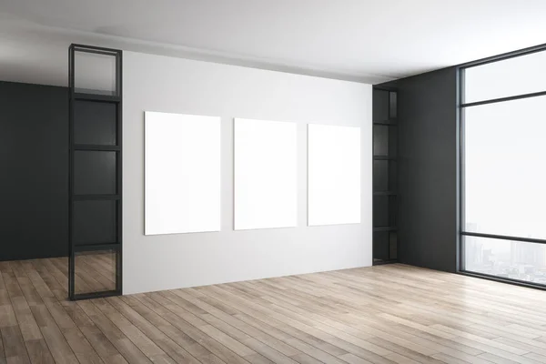 Moderno Interior Galería Con Tres Pancartas Blanco Pared Vista Ciudad — Foto de Stock