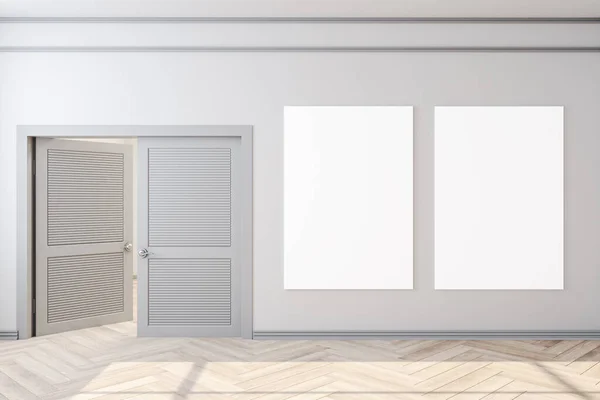 ドアと壁に2つの空のポスターで家のインテリアをきれいにします 博物館や展覧会のコンセプト モックアップ 3Dレンダリング — ストック写真