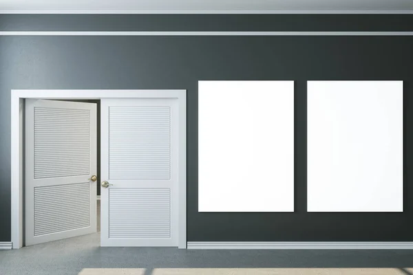 Minimalistic Home Interior Door Two Empty Banners Gray Wall Museum — Stock Photo, Image