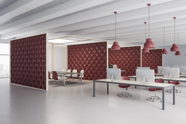 Samtidens Interiørrom Med Datamaskiner Dekorativ Rød Vegg Arbeidssted Forretningskonsept Gjengivelse – stockfoto