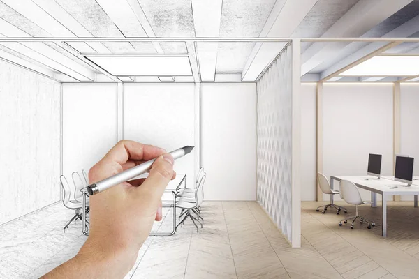 Hand Drawing Office Interior Computers Meeting Table Workplace Lifestyle Concept — Stock Photo, Image
