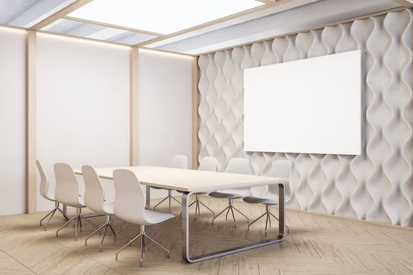 Modern conference room with empty poster on decorative white wall. Workplace and company concept. 3D Rendering