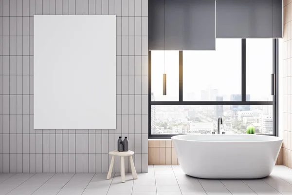 现代化的浴室 墙上贴着空白的海报 还有自我护理产品 风格和卫生概念 把它弄坏了3D渲染 — 图库照片