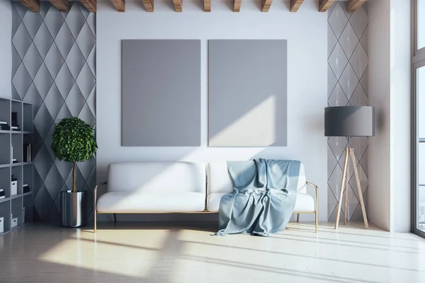Moderne Woonkamer Met Sofa Plank Met Boek Twee Lege Banieren — Stockfoto