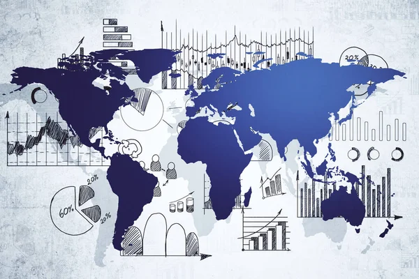 Рисование Бизнес Инфографики Синей Карты Мира Бетонной Стене Концепция Глобальной — стоковое фото