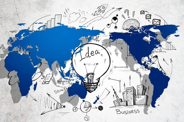 Drawing business sketch and blue world map on concrete wall. Global trade and business analysis concept. 3D Rendering