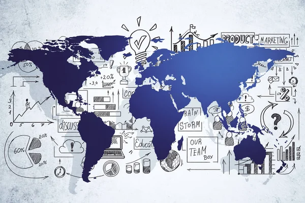 Küresel Pazarlama Planı Mavi Dünya Haritasını Duvara Çiziyorum Küresel Ticaret — Stok fotoğraf