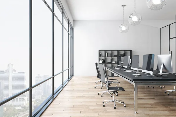 Contemporary panoramic workspace with computers, document in shelf and city view. Workplace and corporate concept. 3D Rendering