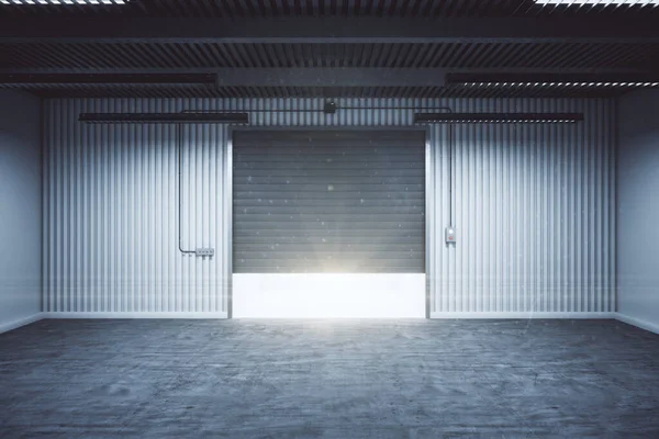 Interior Almacén Minimalista Con Suelos Hormigón Puertas Enrollables Concepto Almacenamiento — Foto de Stock
