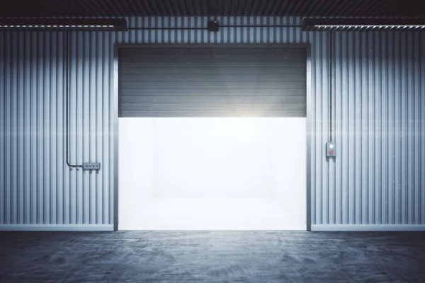 Modern garage room with rolling gates and concrete floor. Storage and safety concept. 3D Rendering