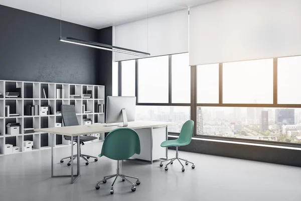 Luxury Boardroom Interior Computer Table Shelf Documents City View Workplace — Stock Photo, Image