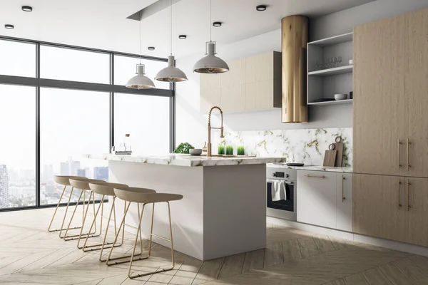 Intérieur Cuisine Loft Bois Avec Mobilier Vue Sur Ville Lumière — Photo