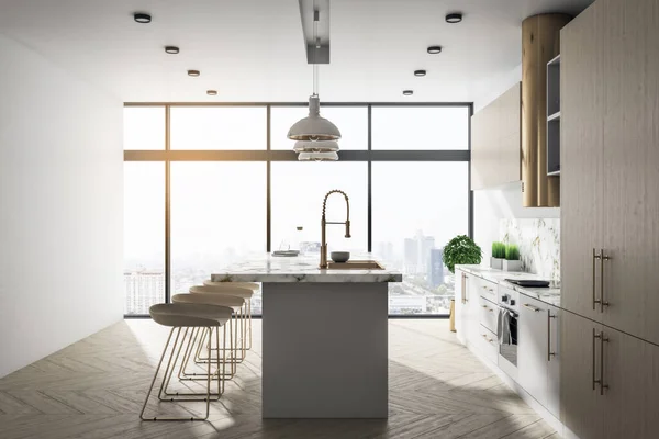 Luxury loft kitchen interior with furniture, city view and sunlight. Design and style concept. 3D Rendering