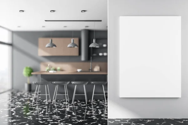 現代的なキッチンスタジオのインテリアと壁に空白の白いポスター デザインとスタイルのコンセプト 3Dレンダリング — ストック写真