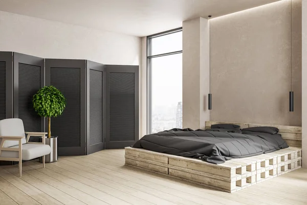 Minimalistic bedroom with recycled pallet bed and empty brick wall. Design and style concept. Mock up. 3D rendering.