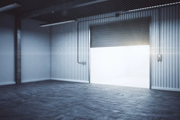 Clean garage room with rolling gates and concrete floor. Storage and safety concept. 3D Rendering