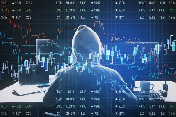 Hacker Személyi Számítógépet Használ Tőzsdei Térképpel Pénzügyi Elemzéssel Hackelés Kibertámadás — Stock Fotó
