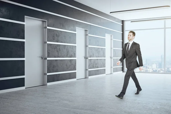 Businessman Walking Office Hall City View Empty Gray Wall Workplace — Stock Photo, Image