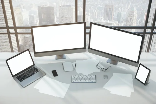 Top View Designer Desktop Two White Computer Screen Laptop Tablet — Stock Photo, Image