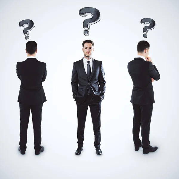 Three Thinking Businessmans Suit Drawing Question Marks Head Confusion Challenge — Stock Photo, Image