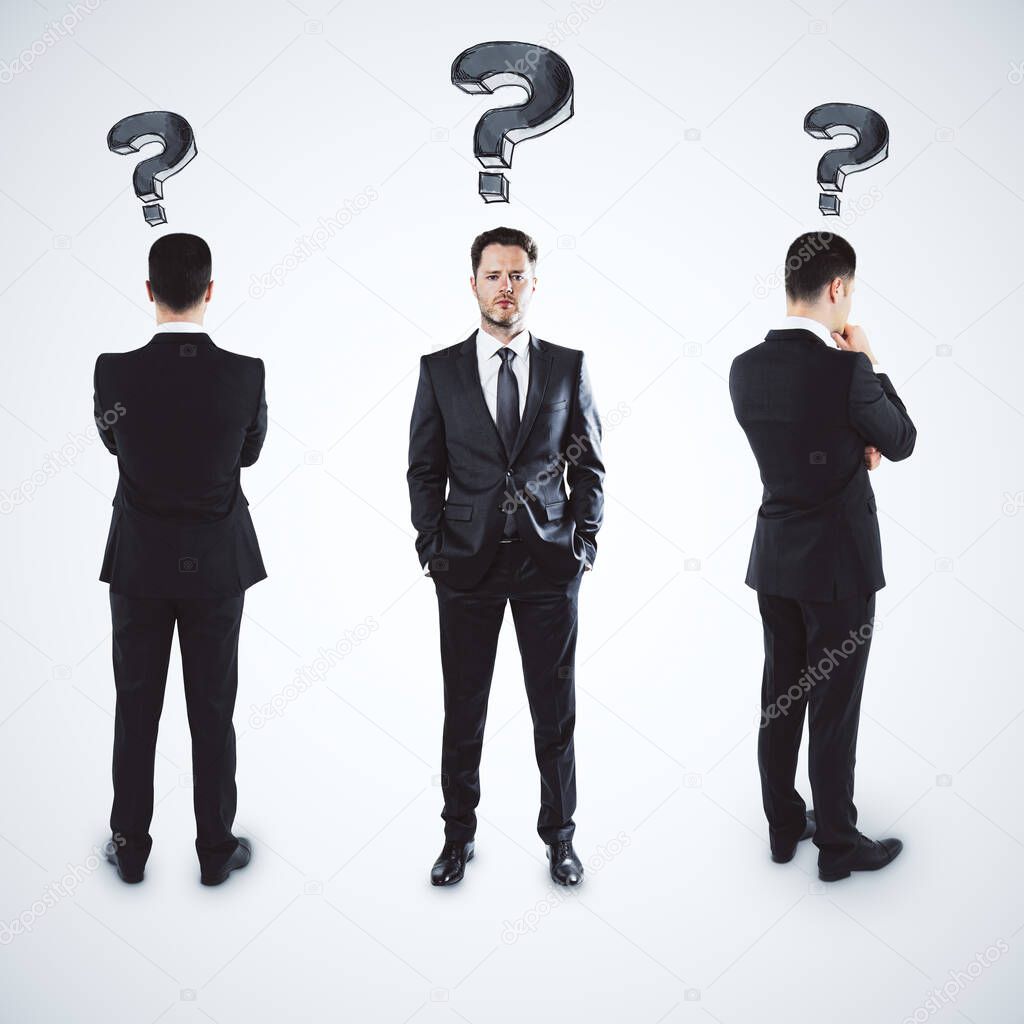 Three thinking businessmans in suit with drawing question marks over head. Confusion and challenge concept