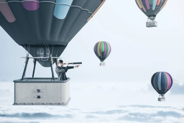 Empresário Balão Com Telescópio Olhando Para Distância Conceito Negócio Desafio — Fotografia de Stock