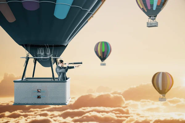 Homme Affaires Ballon Avec Télescope Regardant Vers Coucher Soleil Concept — Photo