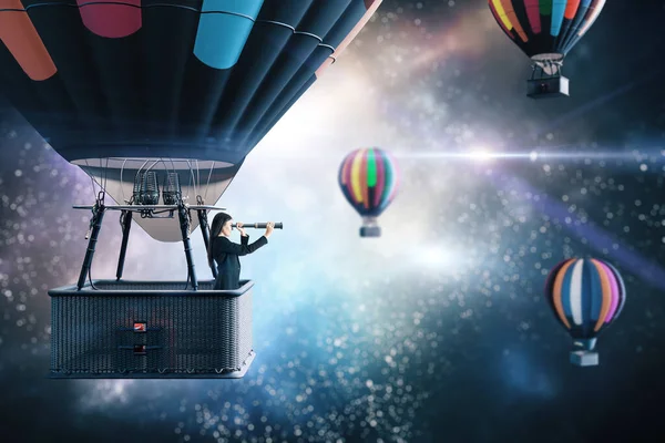 Young businesswoman in air balloon with telescope flies in space. Business and research concept.