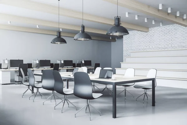 Contemporary coworking loft interior with furniture and daylight. Workplace concept. 3D Rendering