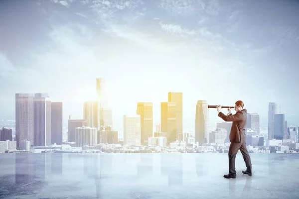 Young Businessman Suit Using Binoculars City Background Research Vision Concept — Stock Photo, Image