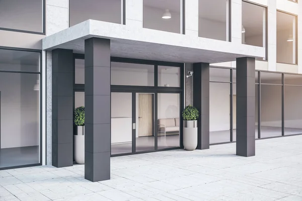 Entrance of modern office building with plants. Business corporate and company concept. 3d rendering