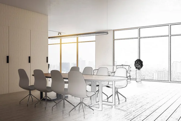 가구와 파노라마 회의실을 그리기 컨셉이야 렌더링 — 스톡 사진