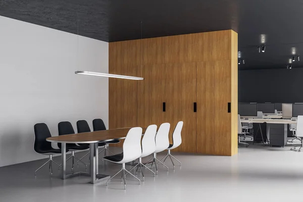 コンピュータ 会議テーブル 空白の木製の部屋との最小限のコワーキング ロフト オフィス ルーム 職場と企業のコンセプト 3Dレンダリング — ストック写真