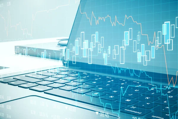 Laptop Creative Stock Chart Blurry Desktop Backround Finance Trade Concept — ストック写真