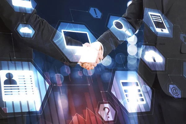 Handschlag Mit Cloud Computing Schnittstelle Teamwork Und Technologiekonzept Doppelbelastung — Stockfoto