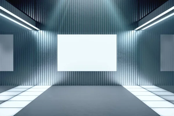 Interior Concreto Simples Com Parede Espelho Banner Branco Desempenho Conceito — Fotografia de Stock