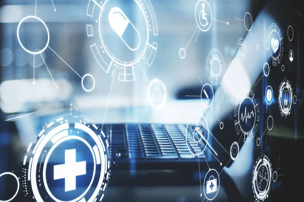 Wazige Laptop Met Creatief Gloeiend Blauw Medisch Hologram Medicijntechnologie Concept — Stockfoto