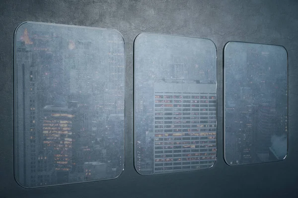 Три Пустых Стеклянных Плаката Серой Бетонной Стене Отражением Города Концепция — стоковое фото