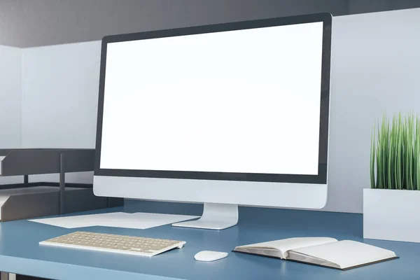 现代写字台和空白白屏电脑 工作场所和生活方式的概念 3D渲染 — 图库照片