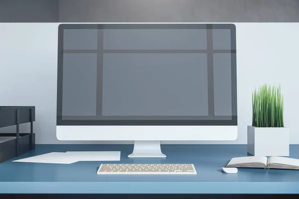 사이드는 사무실 컴퓨터를 화면으로 방식의 렌더링 — 스톡 사진