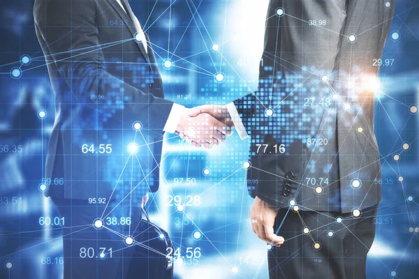 Geschäftsleute Beim Händeschütteln Mit Einem Polygonalen Chart Hologramm Geschäfts Und — Stockfoto
