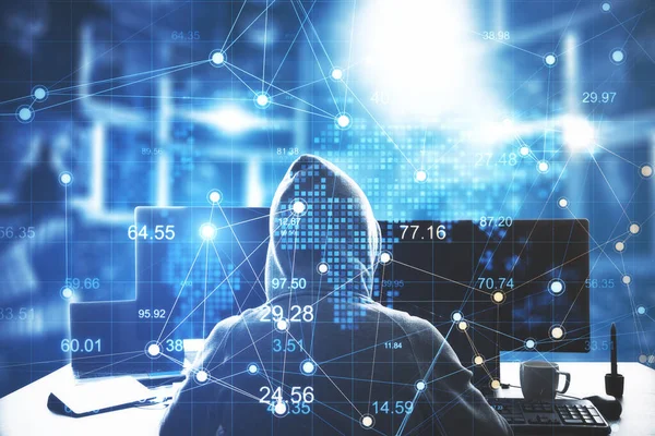 Hacker Sitzen Büro Und Nutzen Computer Mit Kreativ Glühender Big — Stockfoto