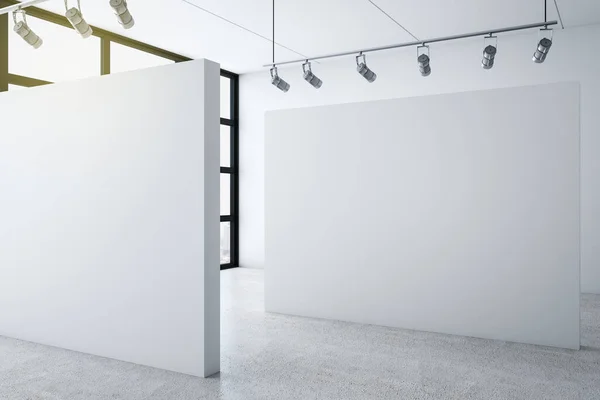 Minimalistisches Galerieinterieur Mit Stadtblick Und Leerer Wand Galerie Werbung Präsentationskonzept — Stockfoto