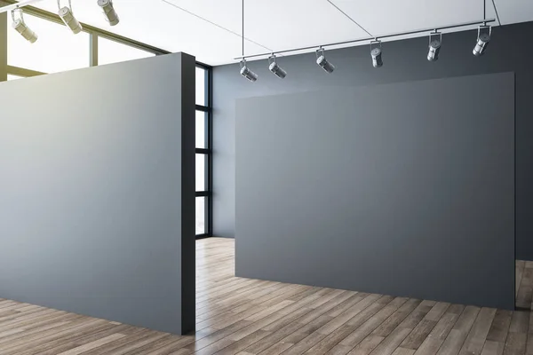 Contemporary exhibition room with blank gray wall. Museum and art concept. Mock up, 3D Rendering