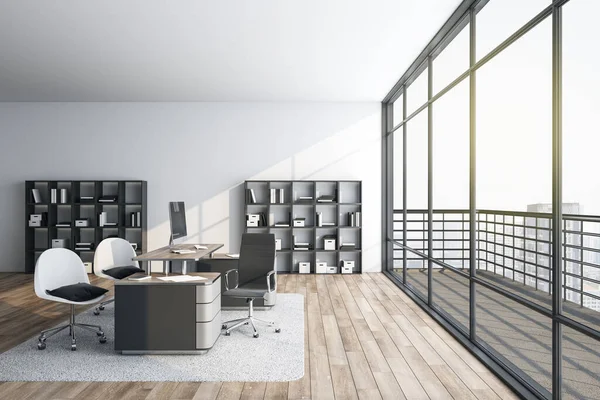 Panoramic Workspace Computers Document Shelf Workplace Company Concept Rendering — Stock Photo, Image
