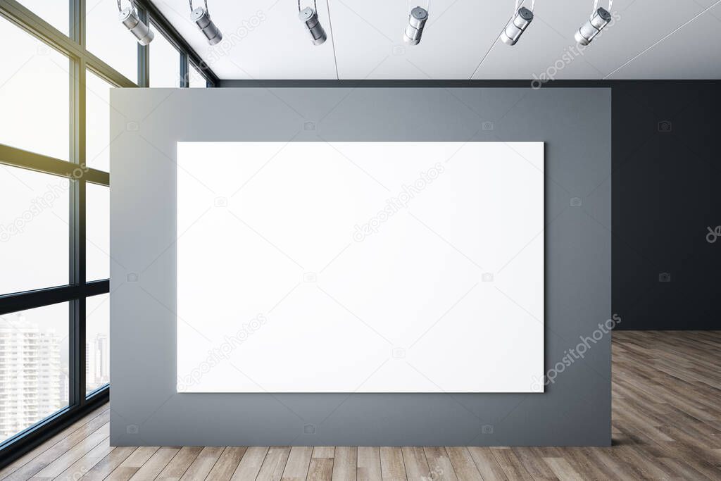 Clean office hall interior with blank banner on wall and megapolis city view. Workplace and corporate concept. Mock up. 3D Rendering