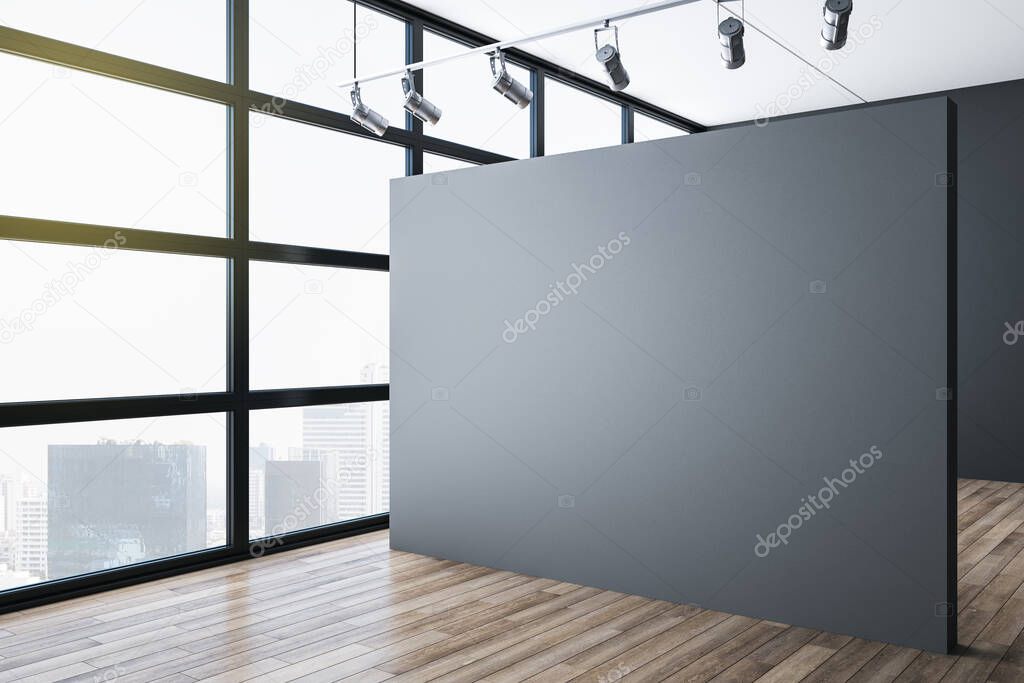 Minimalistic exhibition room with blank gray wall and city view. Museum and art concept. Mock up, 3D Rendering