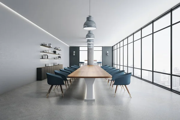 Moderne Vergaderzaal Met Uitzicht Stad Blauwe Stoelen Kantooraccessoires Weergave — Stockfoto