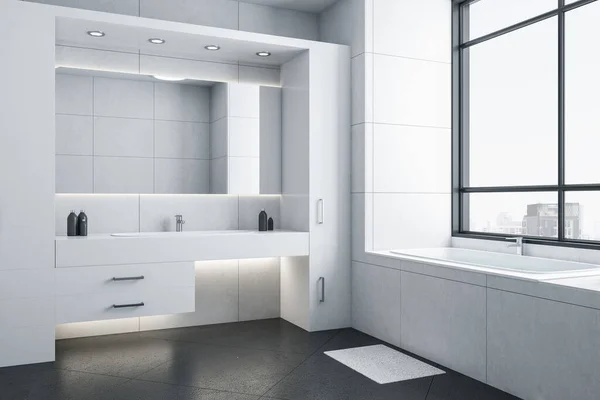 Baño Moderno Con Bañera Blanca Espejo Lavabo Vistas Ciudad Estilo — Foto de Stock