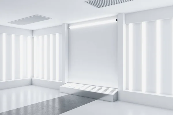 Modern exhibition hall interior and blank white wall. Performance and presentation concept. Mock up, 3D Rendering